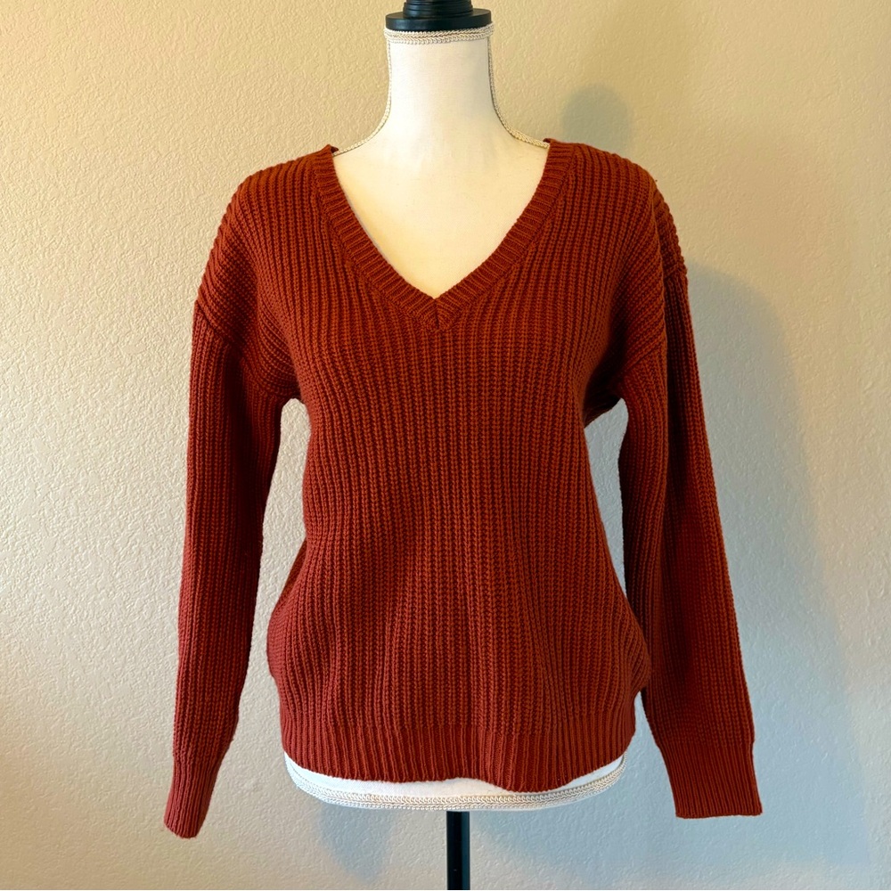 Rust V-Neck Sweater with lace-up back size medium